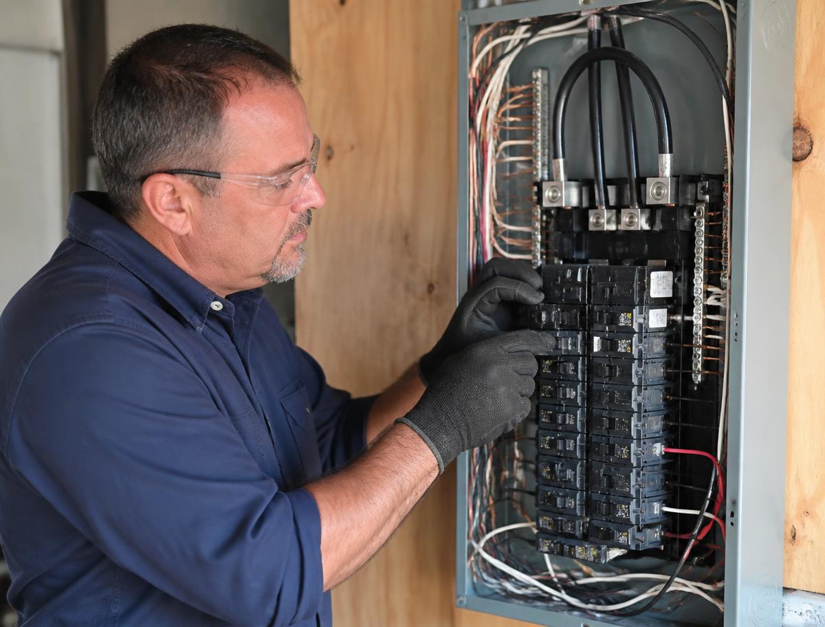 Electrician working on a residential breaker panel