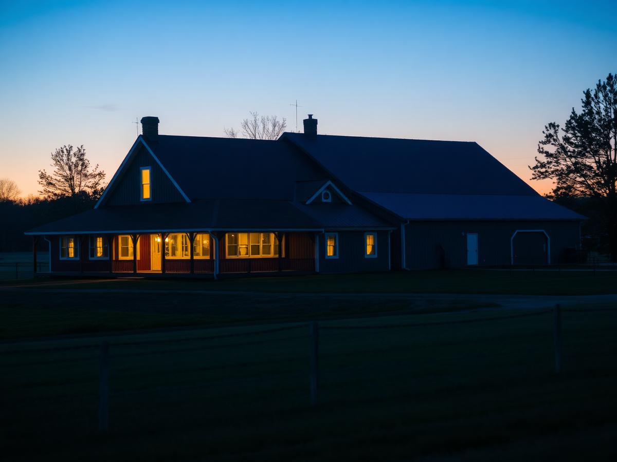 Rural Michigan farmhouse and pole barn lit at dusk